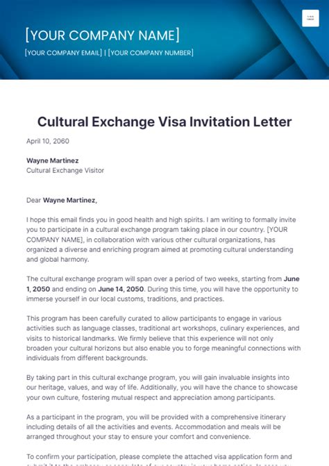 Free Cultural Exchange Visa Invitation Letter Template - Edit Online ...