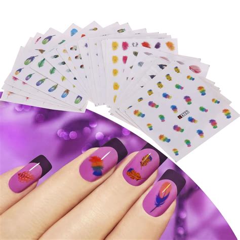 24Sheets Rainbow Nail Art Stickers Colorful Feather Style DIY 3D Nail Tips Design Stickers Water ...