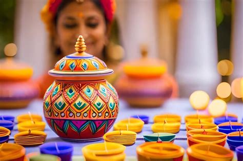 Premium Photo | A woman is standing behind a table with a colorful vase with a flower on it