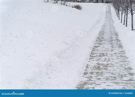 City Pavement Sidewalk Cleared of Snow in Winter Stock Image - Image of suburb, sidewalk: 233365163