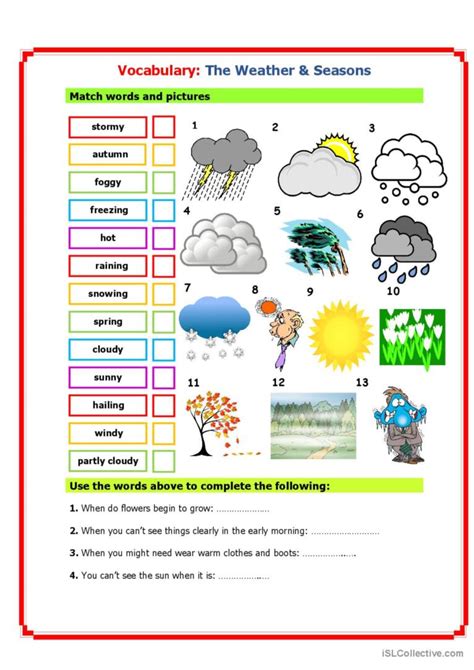 Vocabulary: Weather & Seasons : English ESL worksheets pdf & doc