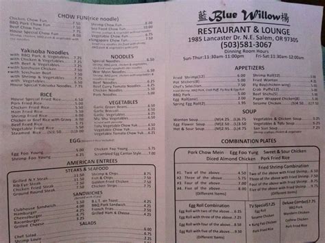 Menu at Blue Willow Restaurant, Salem