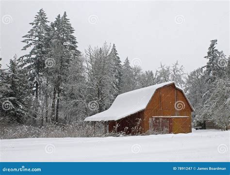 Snow covered barn stock image. Image of tree, orange, snow - 7891247