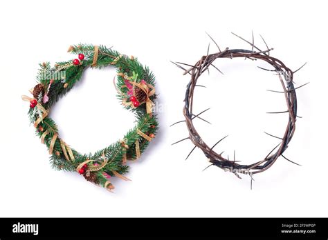 Christmas wreath and crown of thorns on white background. Remember the real Reason of the Season ...