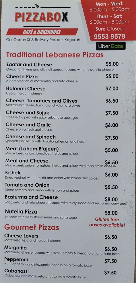 Menu at Pizzabox Café restaurant, Kogarah