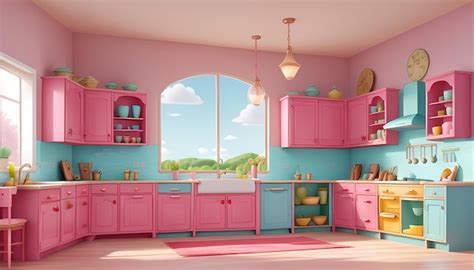 Premium AI Image | a 3d illustration of a pink kitchen with a window ...