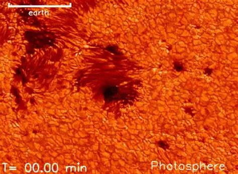 Solar granules and sunspots on the surface of the Sun. The sunspots are ...