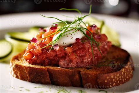 Beef steak tartare on toast with greenery and vegetables. 24512433 Stock Photo at Vecteezy