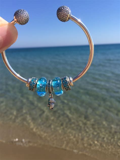 My new Pandora open bangle - colors of the sea - seahorse - Love it 💙💙💙 | Pandora bangle ...