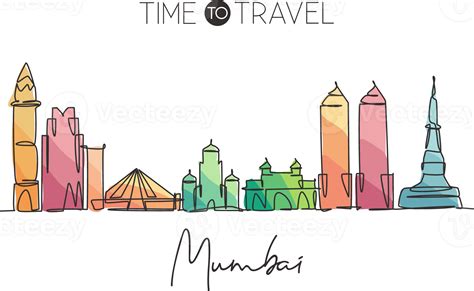 One single line drawing of Mumbai city skyline, India. Historical town ...