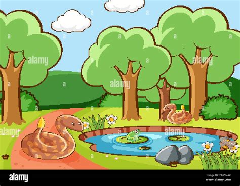 Scene with snakes and frog by the pond illustration Stock Vector Image ...