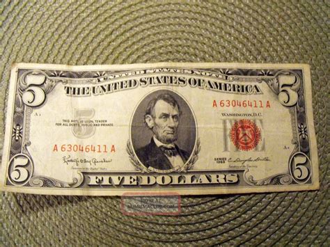 Rare Us Five Dollar Bill - 1963 - Red Ink