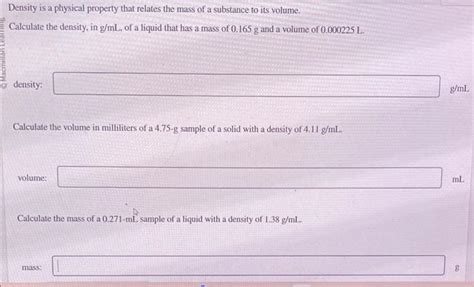 Solved Density is a physical property that relates the mass | Chegg.com