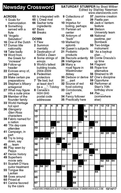 Newsday Crossword Puzzle for Oct 14, 2017, by Stanley Newman | Creators ...