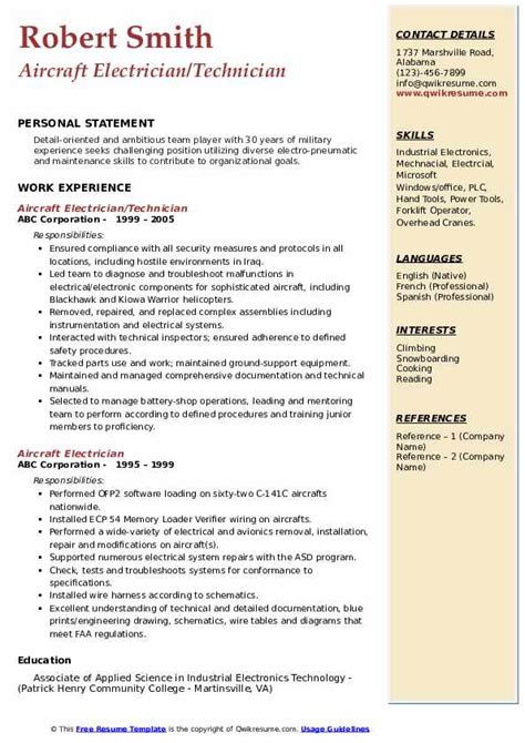 Aircraft Electrician Resume Samples | QwikResume