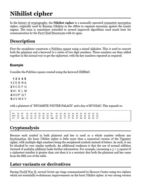 Nihilist Cipher | PDF | Telecommunications | Secrecy