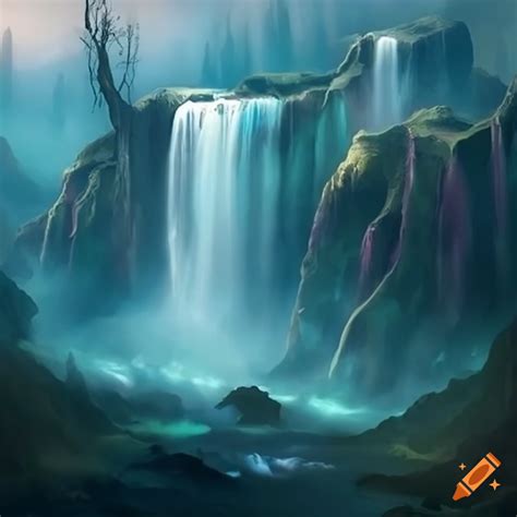 Mysterious fantasy landscape with mountains and waterfalls on Craiyon