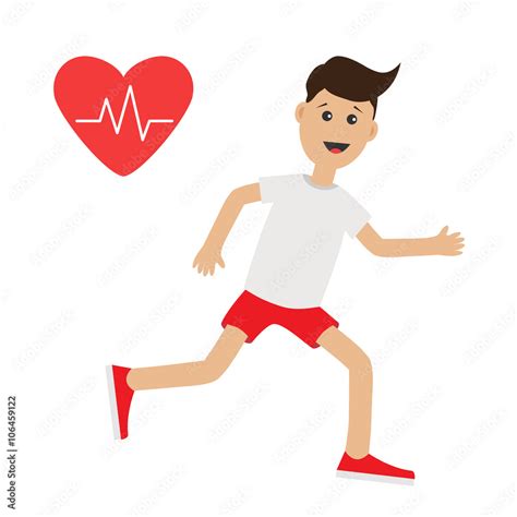 Funny cartoon running guy. Heart beat icon Cute run boy Jogging man ...