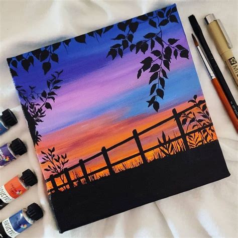 SUNSET SILHOUETTE Acrylic Painting on Canvas | Schetsboek ideeën ...