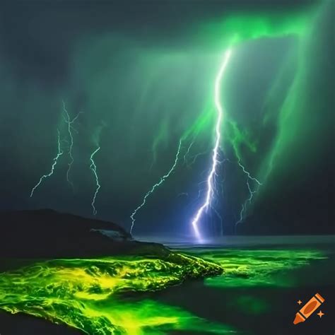 Photograph of a green lightning storm with fire on the ground