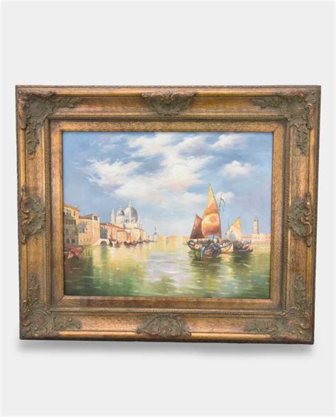 Golden-Framed Oil Painting Sailboats Entering Venice Free Shipping