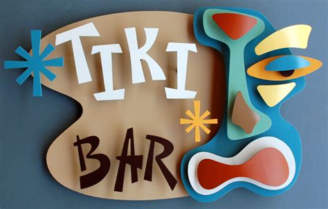 there is a sign that says tiki bar on the side of a wall with an abstract design