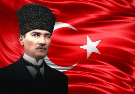 Mustafa Kemal Atatürk, Portrait with a Flag in the Background ...