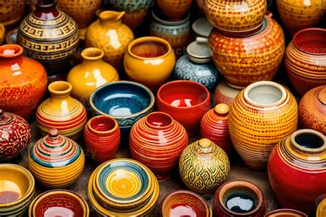 many colorful pottery vases are displayed in a row. AI-Generated ...