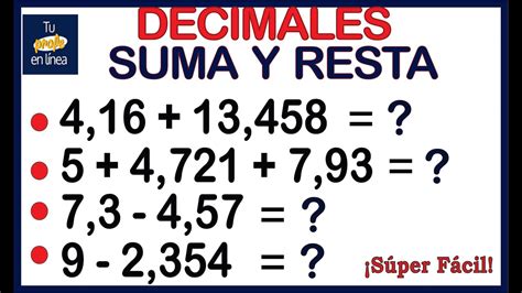 🛑SUMA Y RESTA DE NÚMEROS DECIMALES - 🚀¡ Muy Fácil !🚀 - YouTube