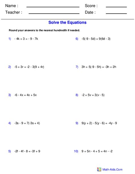 Pre-Algebra Worksheets | Equations Worksheets