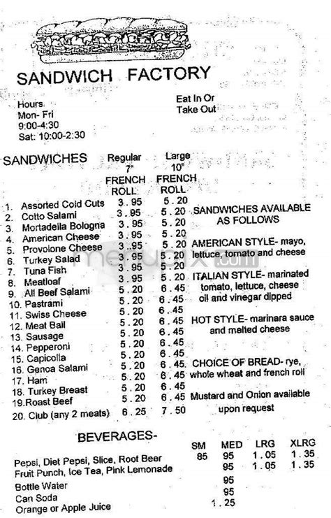 Menu of Sandwich Factory in Encino, CA 91436