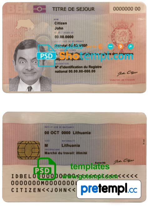 Belgian permanent residence card example in PSD format, fully editable - Pretempl