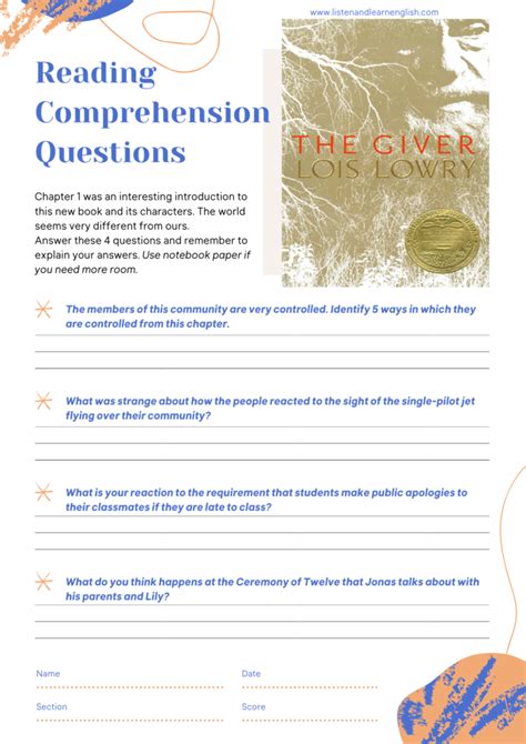 Reading For Fluency and Comprehension The Giver Chapter 1 Video and Questions Worksheet – Listen ...