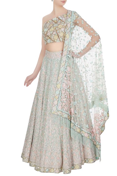 Buy Aqua blue & pink kashmiri embroidered lehenga set by Manish Malhotra at Aza Fashions ...