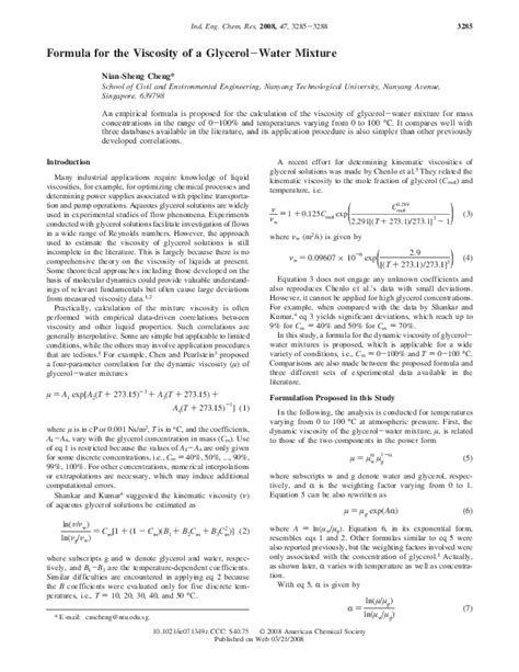 (PDF) Formula for the Viscosity of a Glycerol−Water Mixture | Nian ...