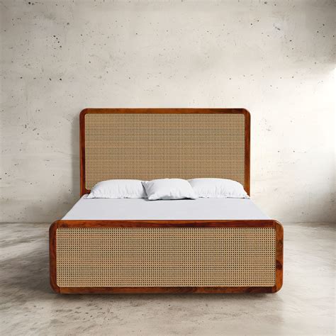 Craftsmill Julius Bed - Solid Sheesham Wood with Natural Rattan Weaving ...