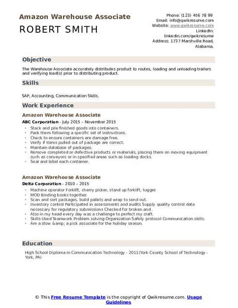 Amazon Warehouse Associate Resume Samples | QwikResume