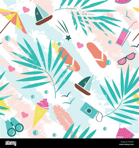 Summer time vector seamless pattern with colorful beach elements isolated on white background ...