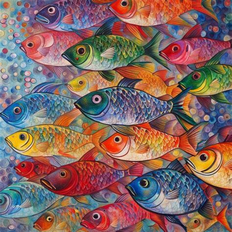 group of fish swimming next to each other, by Nam Gye-u, vivid colors ...