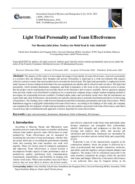 (PDF) Light Triad Personality and Team Effectiveness | AIDA ABDULLAH ...