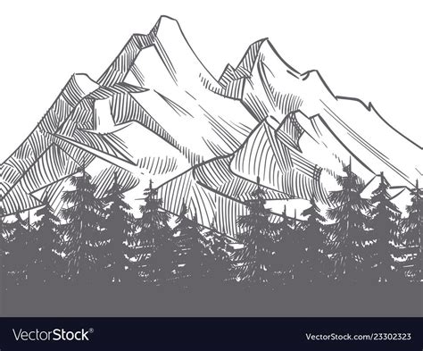 Hand drawn nature landscape with mountains and fores silhouette. Mountain landscape and ...