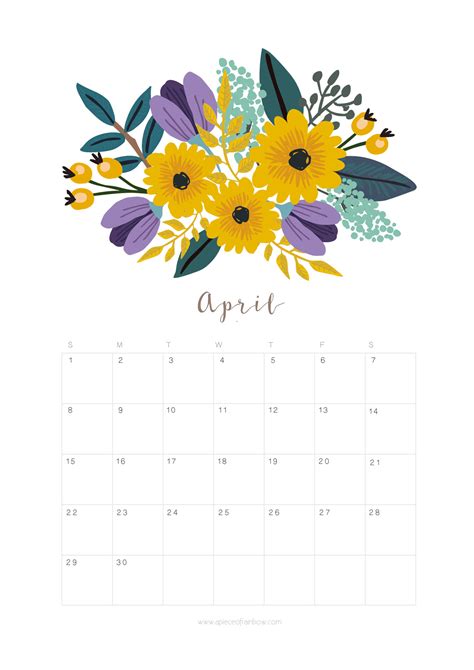 Printable April 2018 Calendar Monthly Planner - Flower Design - A Piece Of Rainbow