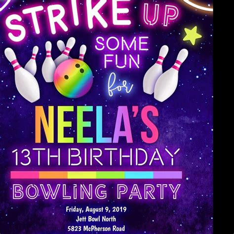 bowling birthday party flyer with neon lights