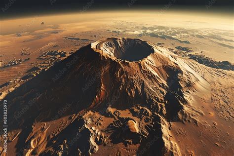 Stock image of a panoramic view from the top of Mars Olympus Mons, the tallest volcano in the ...