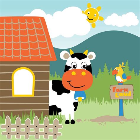 Funny cow with bird in the farmyard, smiling sunrise behind mountains, vector cartoon ...