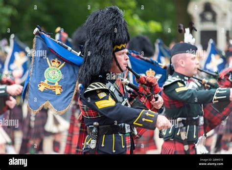 Royal Scots Dragoon Guards pipes and drums band at the Queen's Platinum Jubilee Pageant parade ...