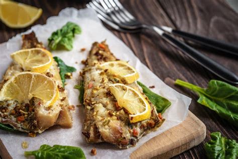 Baked Pollock Fish with Spices and Lemon Stock Photo - Image of tasty, board: 136905098