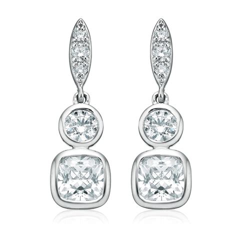 Sterling Silver Princess & Round Brilliant Cut Cubic Zirconia Drop Ear ...