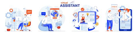 Virtual assistant concept set people isolated scenes in flat design ...