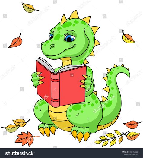 Cute Cartoon Dinosaur Reading Book Red Stock Vector (Royalty Free ...